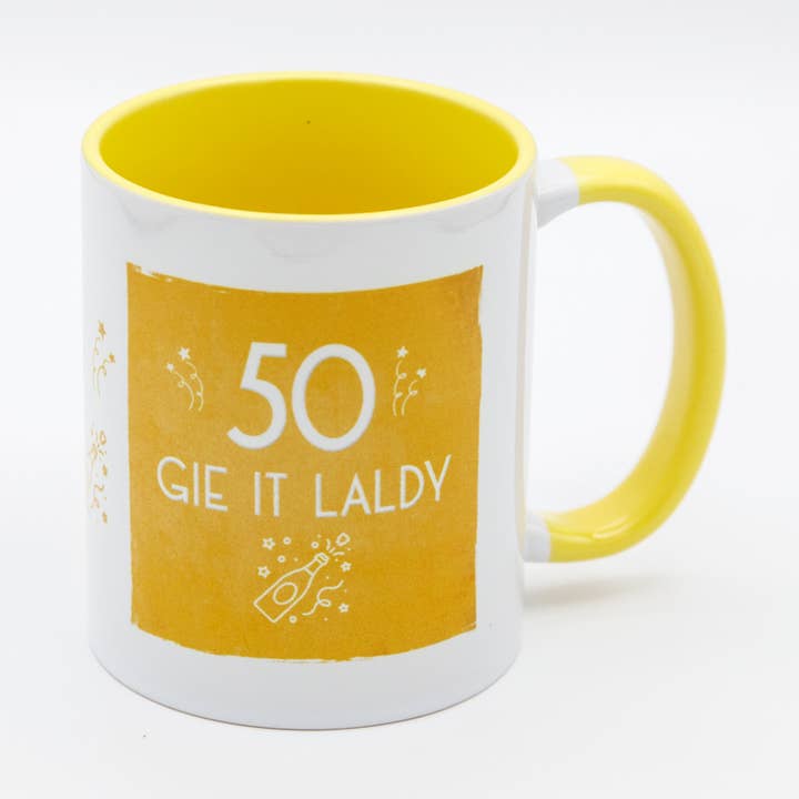 50 Gie It Laldy - Scottish Ceramic Age Mug for wholesale by Spindrift Designs