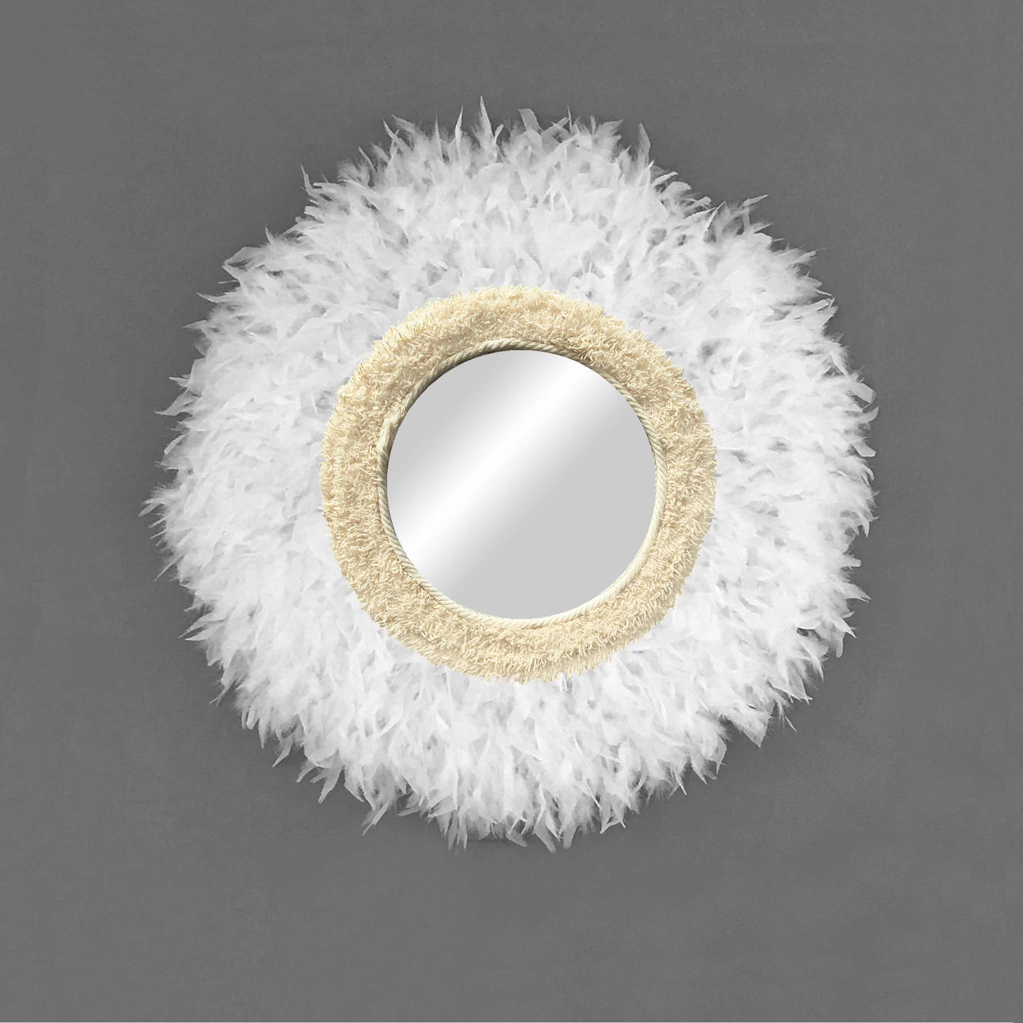 Geometrik Design - Wholesale Wall Stone - Round Feather and Cotton Decorative Boho Mirror1