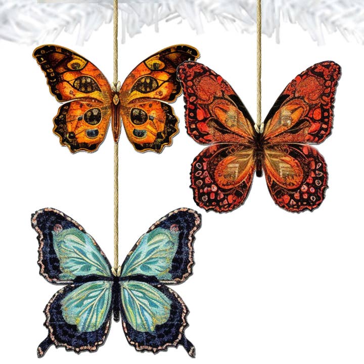 Designocracy - Wholesale Ornament Set - Summer Butterfly Ornaments | Set of 3 | Handcrafted Eco Wood8