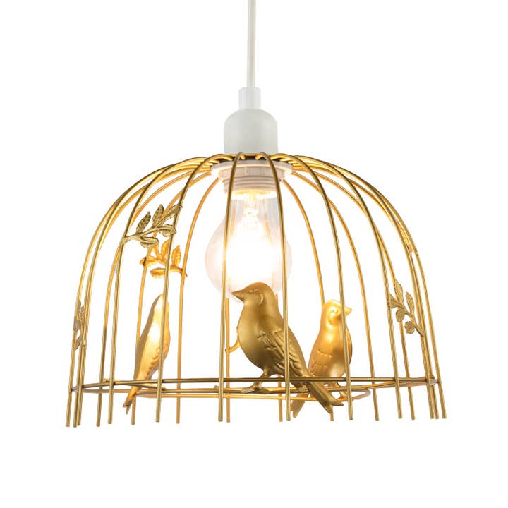 Happy Homewares – wholesale Chandelier/hanging light – Chic Birdcage Pendant Shade in Satin Gold Metal with Birds and Leaves1