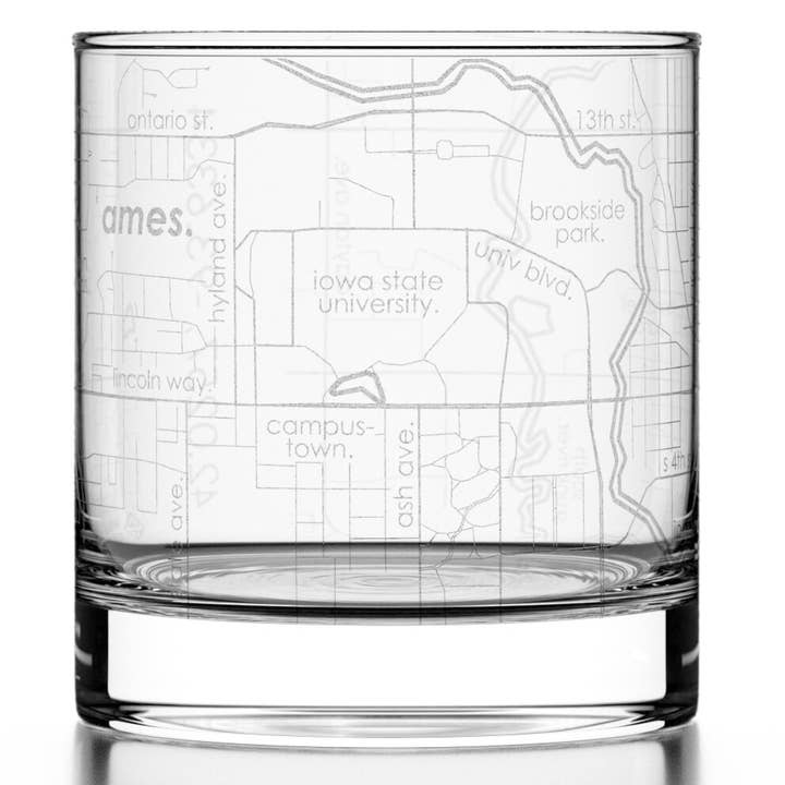 Ames, IA City Map - Etched Whiskey Rocks Glass for wholesale by Well Told