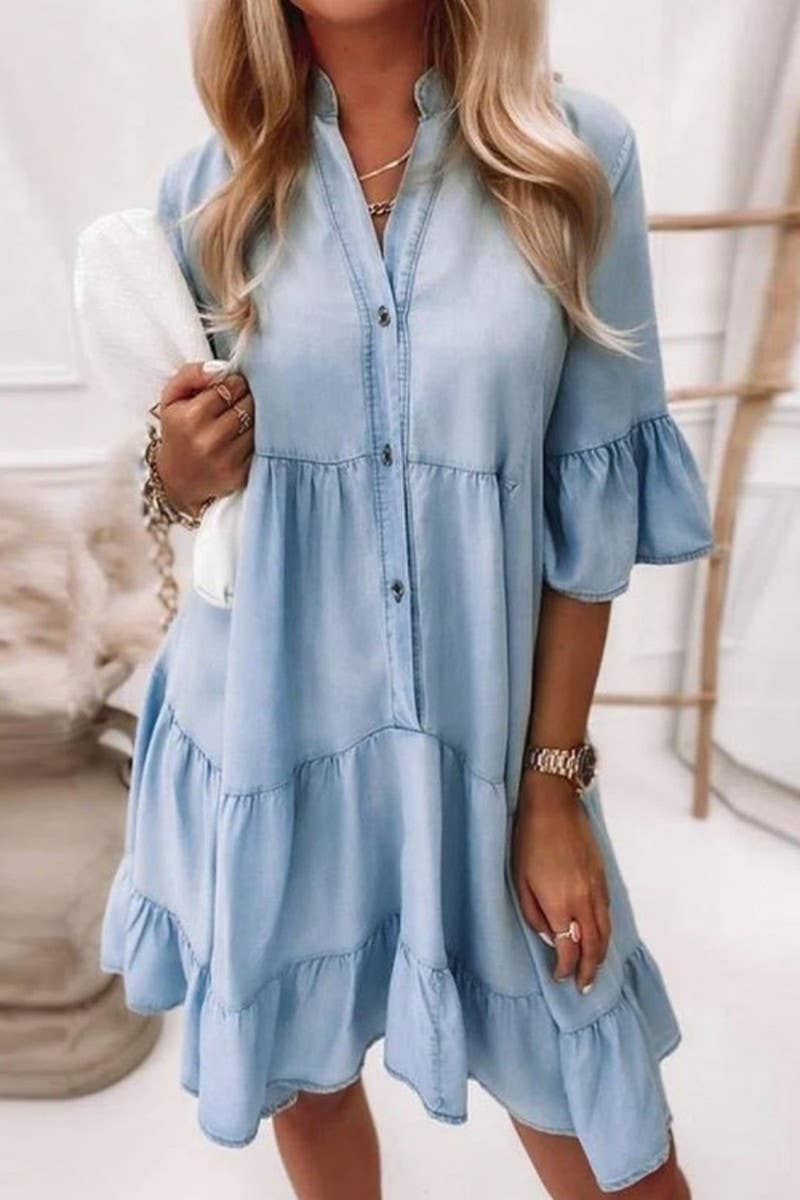 LIGHTBLUE CWDSD6508_Women Casual Denim Shirt Dress Short Sleeve A Line for wholesale on Faire2