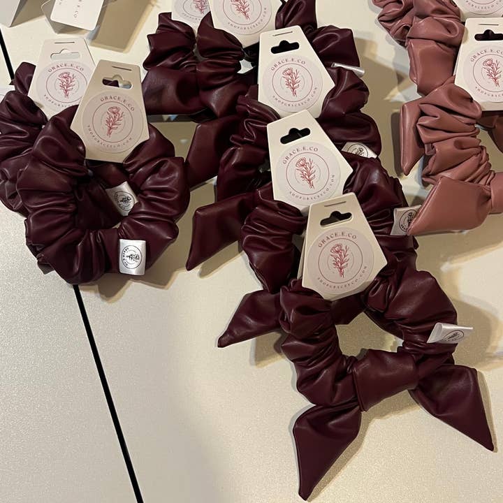 Grace.E.Co – wholesale Scrunchie - Women’s – Burgundy Pleather Bow Scrunchie | Maroon Pleather Scrunchie