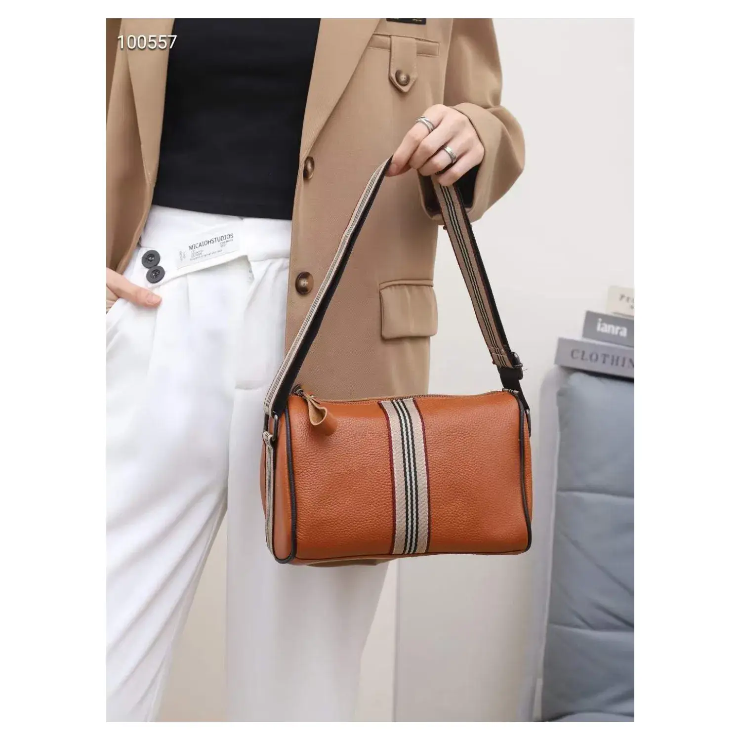 Superbia - Vente Sac porté épaule – femme - Sac tonneau en cuir véritable avec sangle en toile à rayures-Ytb-8182