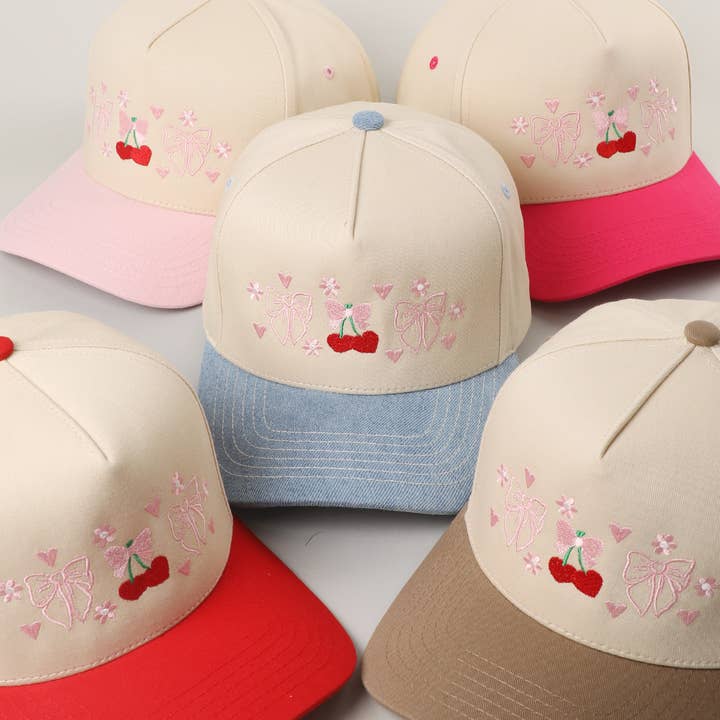 Cherry Love Bloom Embroidery Two-Tone Trucker Hat for wholesale by Fashion City