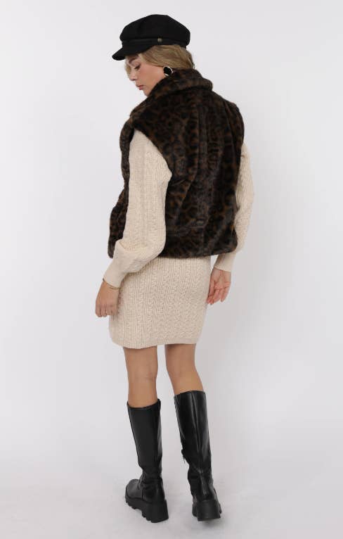 Sage The Label - Vente Pull sans manches – femme - Gilet surdimensionné en fausse fourrure léopard Waverly : MARRON NOIR10