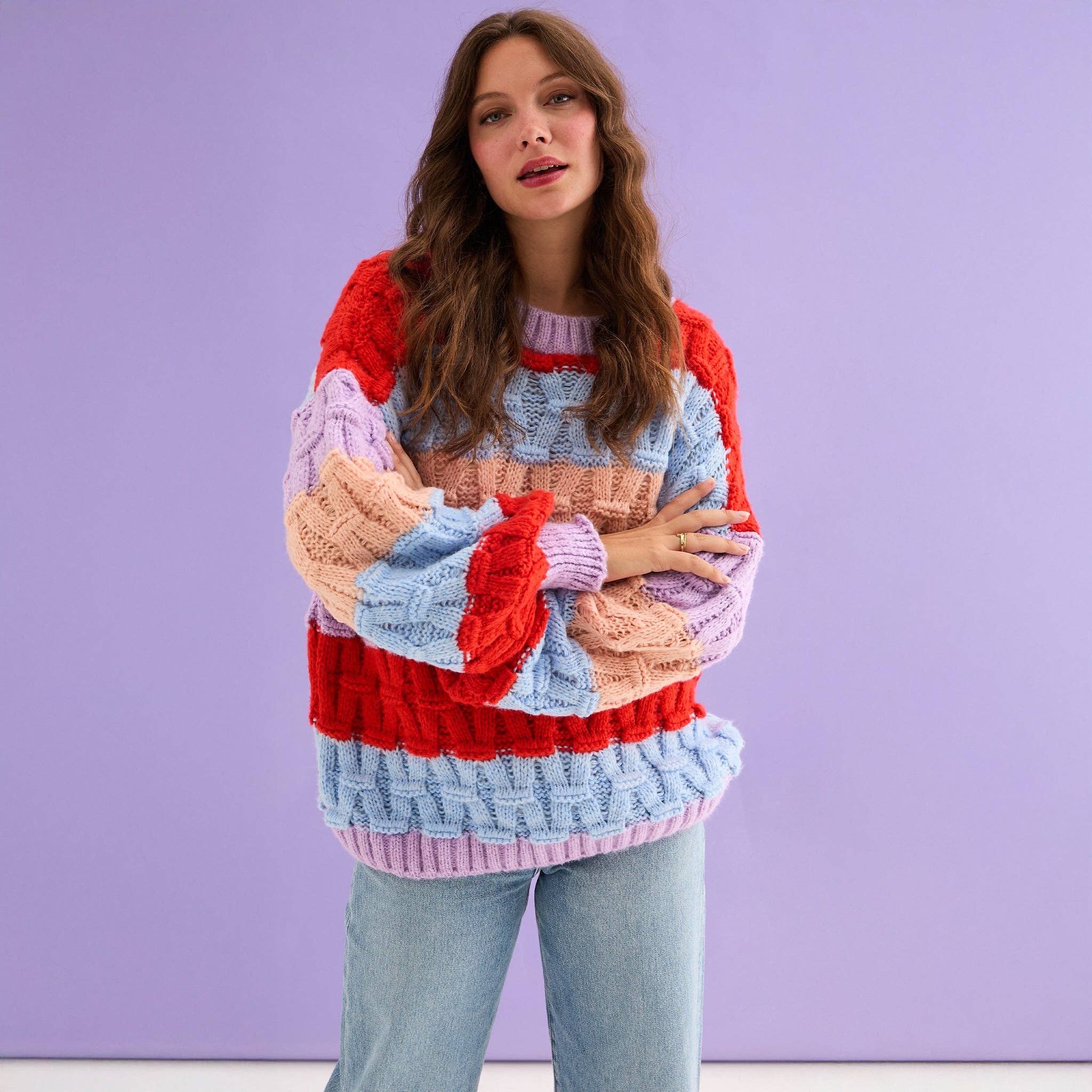 Cara & The Sky – wholesale Knitted jumper – Women′s – Mandy Criss-Cross Stitch Balloon Sleeve Stripe Jumper - Orange5