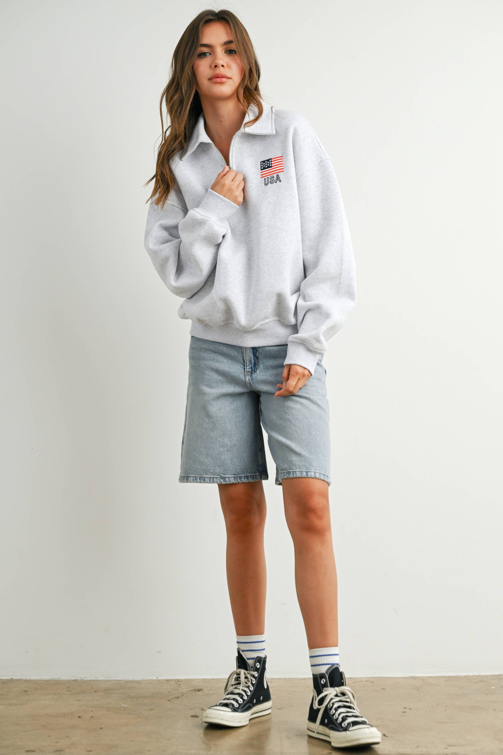 BUTTERMELON - Wholesale Sweatshirt - Women's - Loose Collared Quarter-Zip Top - BMT77949