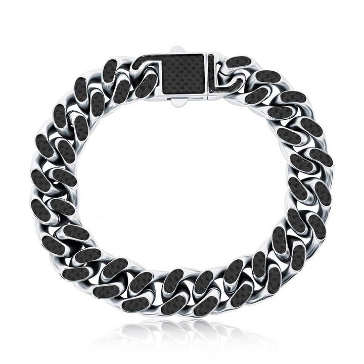 Bracelet cubain lourd en fibre de carbone noire en acier inoxydable pour la vente par Metallo