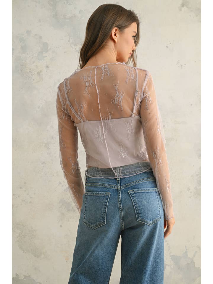 MIOU MUSE - Wholesale Knit Top - Women's - T2945 LONG SLEEVE LACE FABRIC WITH LINING INSERT TOP2