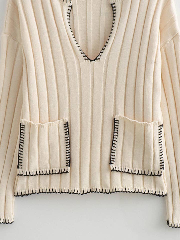 BEIGE V-Neck Ribbed Knit Sweater for wholesale on Faire6