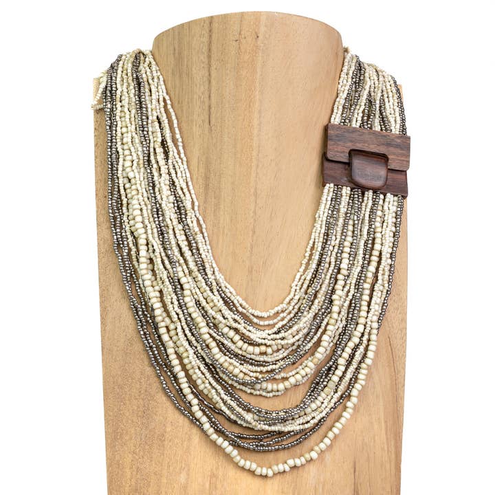 Pink House Imports - Wholesale Beaded/Pearl Necklace - Bali Glass Bead Drizzle Wood Buckle Statement Necklace