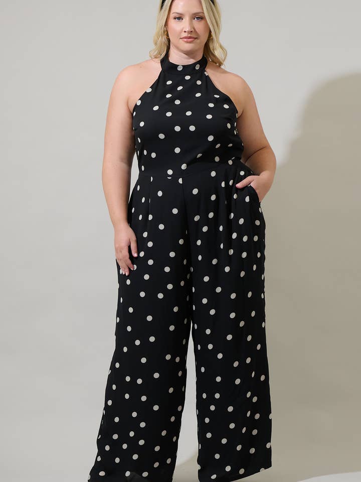 Kaline Polka Dot After Hours Backless Halter Jumpsuit Curve for wholesale by Sugarlips