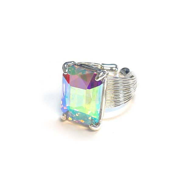 StarryNYC - Wholesale Cocktail/Statement Ring - Square Glass Cushion Cut Cocktail Adjustable Wire Ring