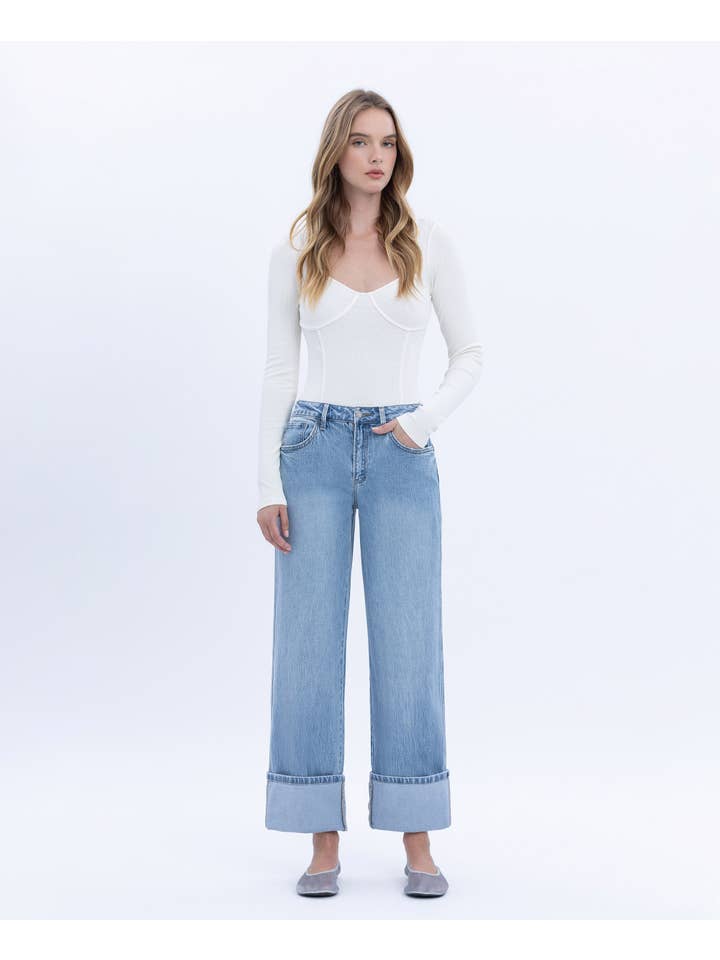 ENRAPTURE SUPER HIGH RISE CUFFED BAGGY STRAIGHT JEANS T6513 for wholesale on Faire4