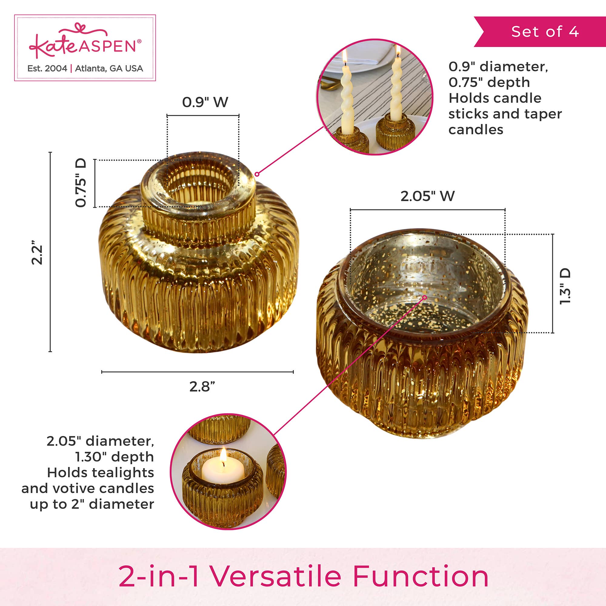 Kate Aspen - Vendita all'ingrosso Portacandele - Portacandele in vetro dorato scanalato 2 in 1 per candele a stelo (set di 4)5