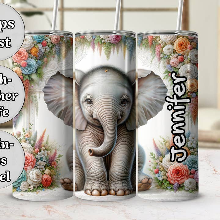 Gobelet Floral Éléphant personnalisé, tasse de voyage isolante en acier inoxydable, cadeau personnalisé pour elle pour la vente par FreakyTeeFactory