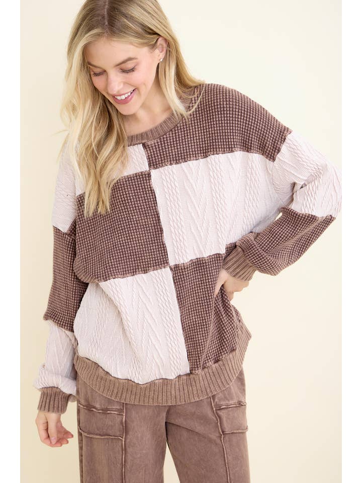 J.Her - Wholesale Knit Sweater - Women's - Mineral Washed Fall Winter Boho block Sweather Top HT67912