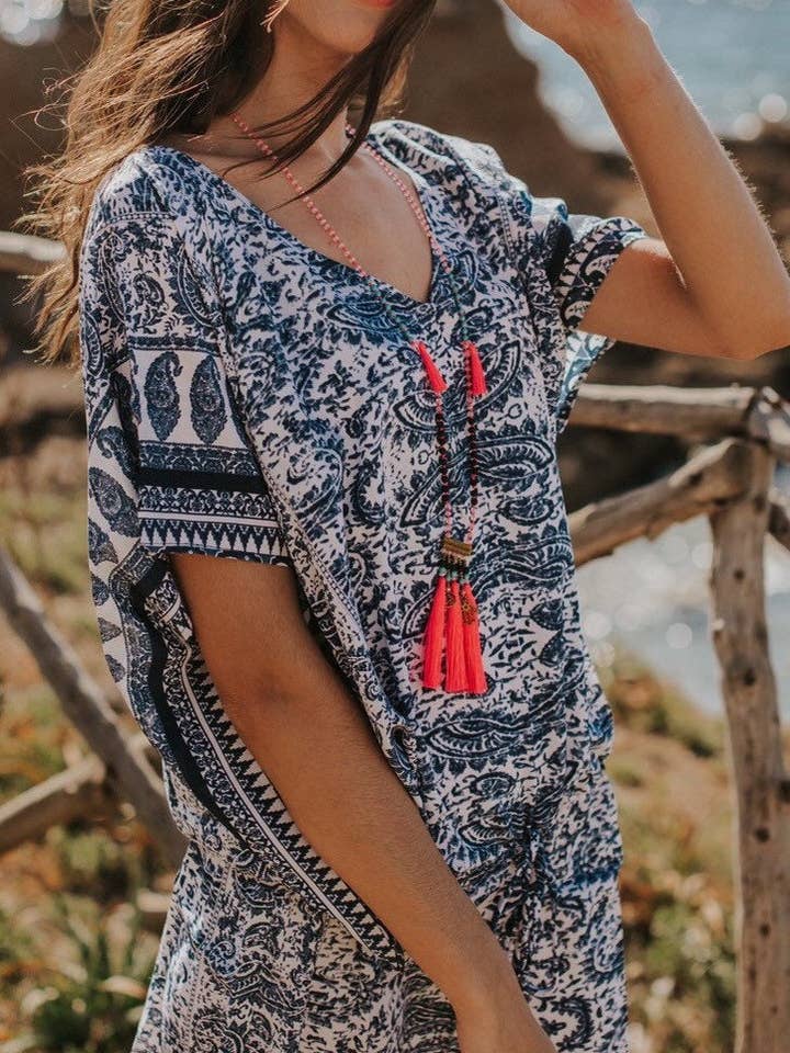 Boho Short Blue And White Summer Dress, Short Beach Dress Florence Dress for wholesale by Miss Kitsch