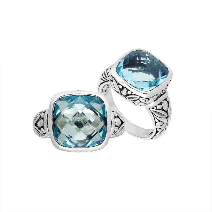 AR-8004-BT Sterling Silver Balinese Square-Cut Blue Topaz Quartz Ring for wholesale by Bali Designs