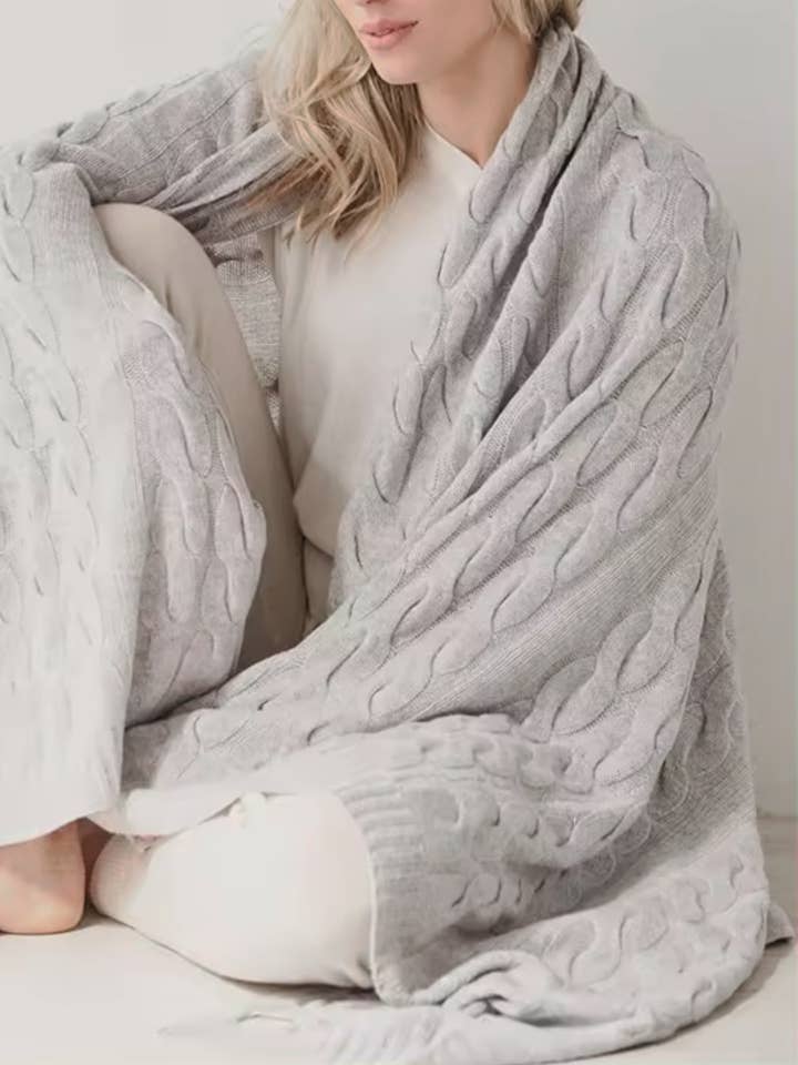 100% Cashmere Cable Knit Throw Blanket for wholesale by Karen Thomas