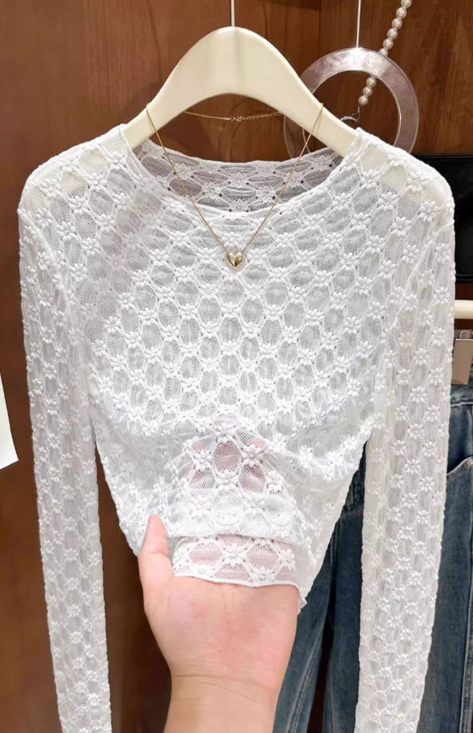 Rosa Clothing - Wholesale T-Shirt - Women's - Sheer Mesh Diamond Floral Lace Layering Fitted Crew Top1