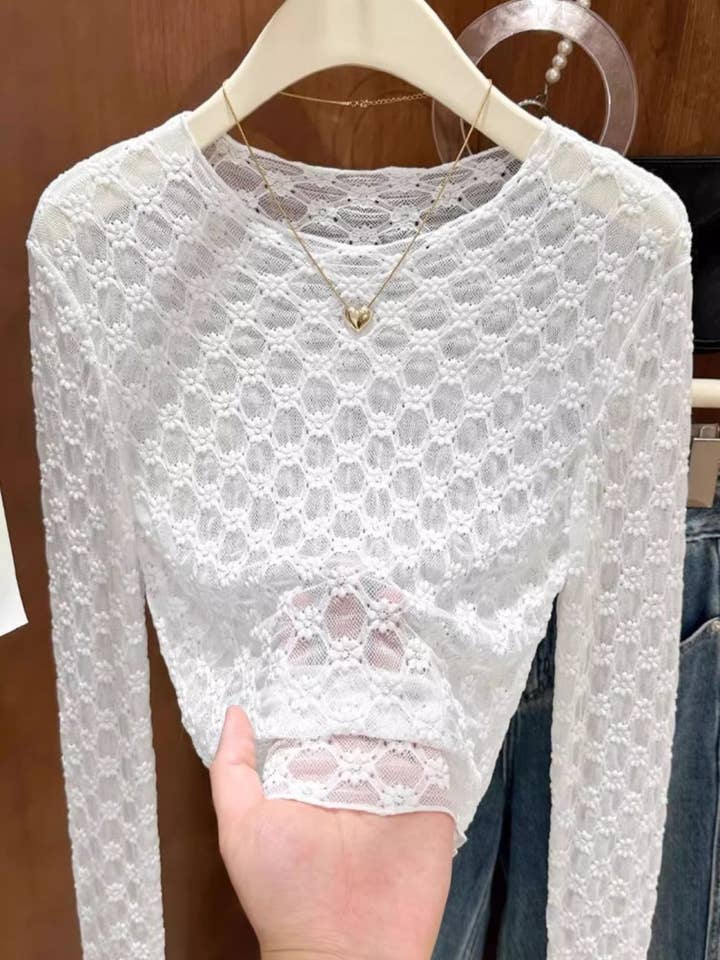 Rosa Clothing - Wholesale T-Shirt - Women's - Sheer Mesh Diamond Floral Lace Layering Fitted Crew Top1