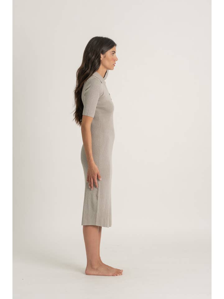 LUXMII - Wholesale Dress – Women's - Ribbed Midi Polo Dress in Pebble Grey7