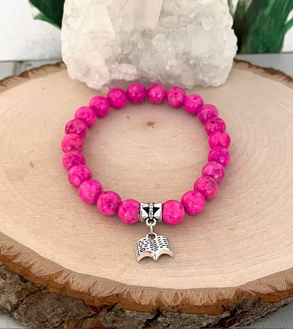 Jewels For Hope - Wholesale Charm/Dangle Bracelet - Pink beaded stretch bracelet with Book charm3