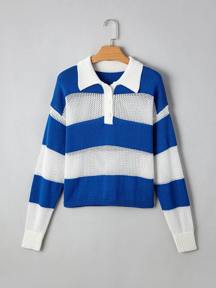 Blue Stripe Colorblock Polo Collar Eyelet Crochet Knitted Sweater for wholesale by Sweet Lover Fashion