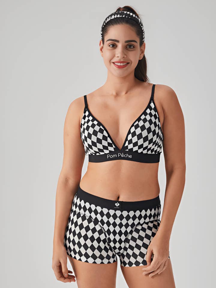 Coco Preto e Branco Xadrez Diamante Corte Francês Boxer de Cintura Alta por atacado de Beautikini