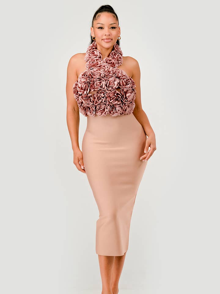 Vestido Midi Halter com Aplique de Rosa por atacado de Athina Collection