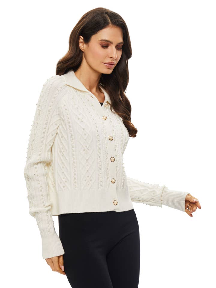 Adore - Wholesale Jacket - Women's - L-835 - White Knit Jacket with Pearl Detail
