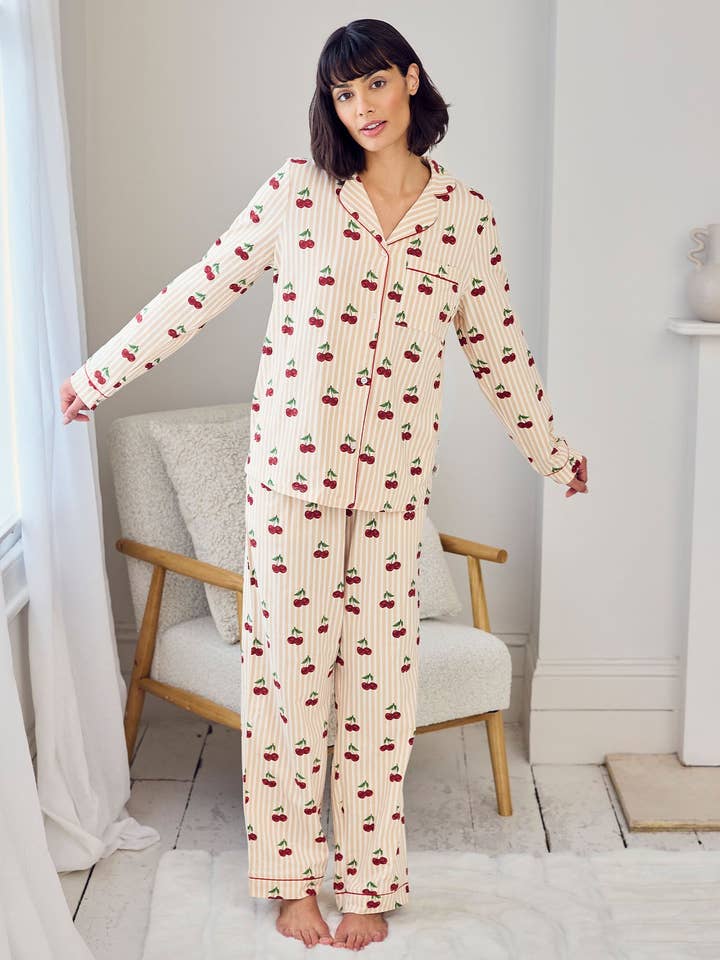 Organic Cotton Cherry Stripe Print Long Pyjama Set for wholesale by Chelsea Peers