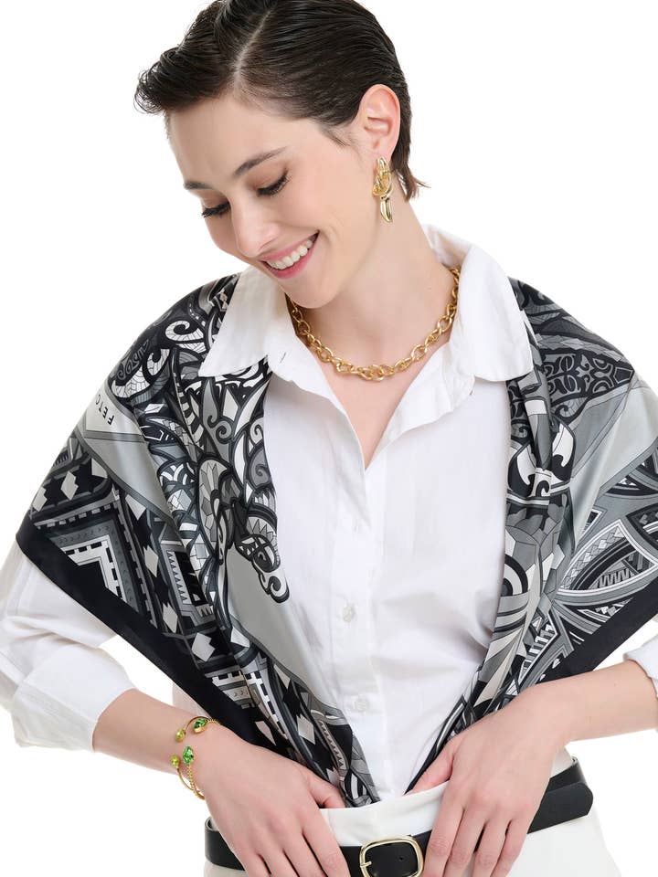 Potere della Vita Premium Sciarpa in Seta 100% Nera 35"*35" Nero Grigio per la vendita all'ingrosso da parte di Fetolia