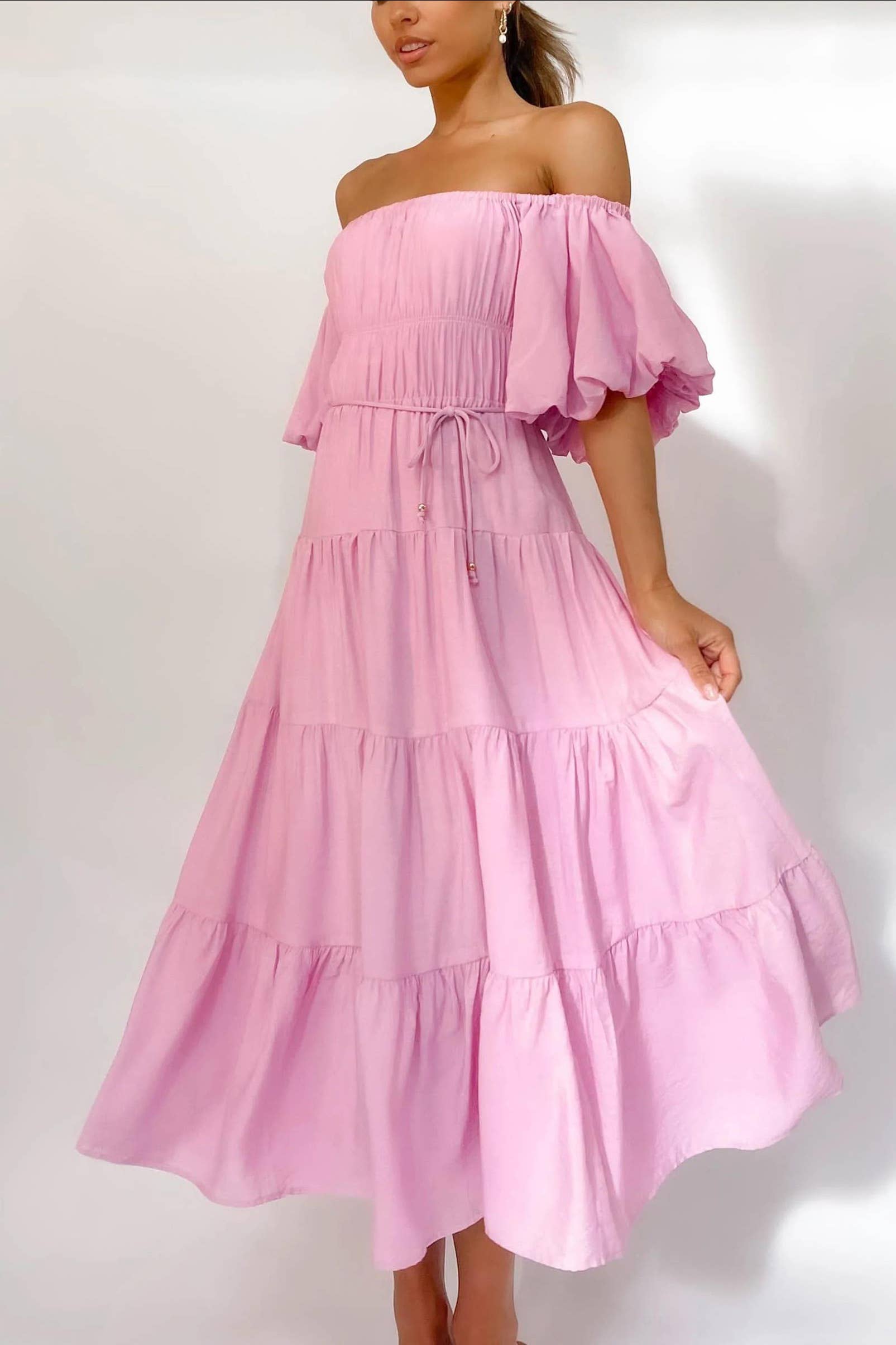 ESLEY – Vestido - Mulher por atacado – D2023ES0006-Puff mangas fora do ombro vestido maxi2