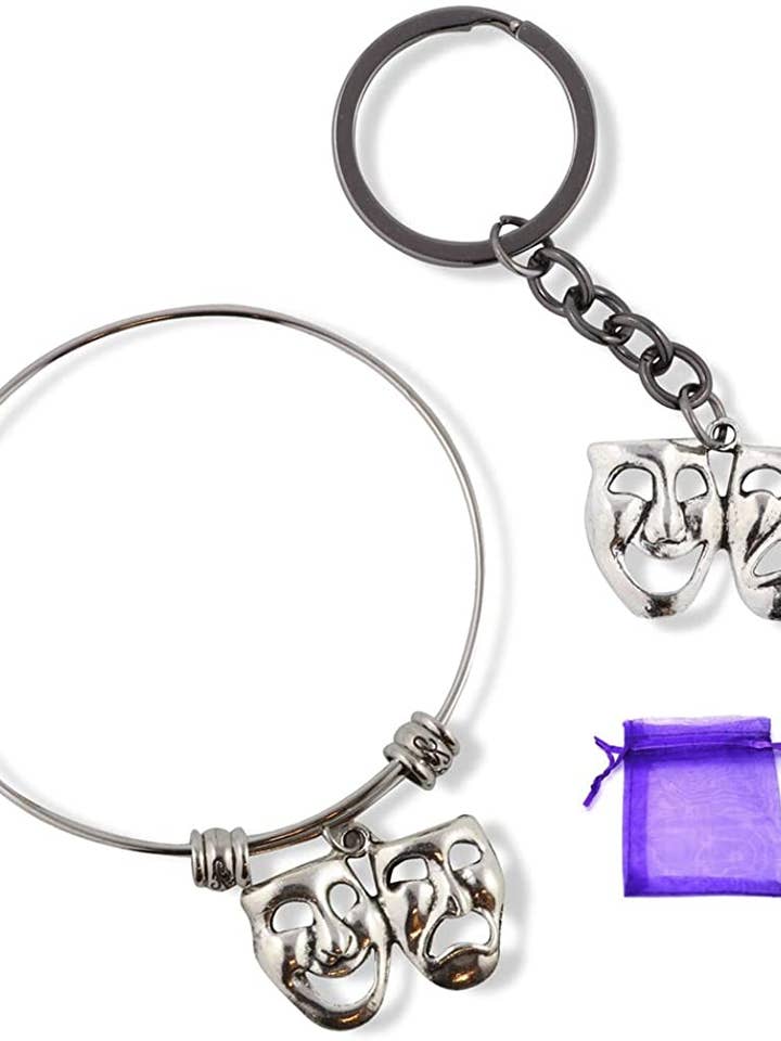 Drama Mask Necklace Tragedy Comedy Mask Thespian Mask Charm Necklace Pendant Jewelry Theatre Theater Gift for Women Men Boys Girls Actors and Actress on Silver Plated Snake Chain Bundled with Keychain for wholesale by Dave The Bunny