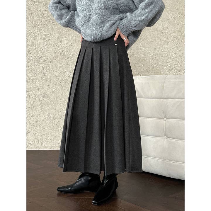 Jupe midi plissée en mélange de laine à taille haute pour femmes, automne hiver décontracté pour la vente par Mirazshoes WholeSale