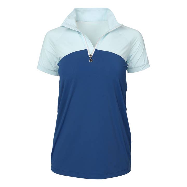 Haut d'équitation à manches courtes Dapplebay Lady 1/4 Zip - Bleu clair/Marine pour la vente par Dapplebay