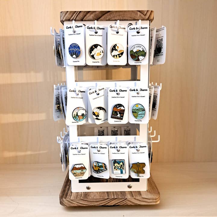 Rotating Enamel Pin & Eye Deco Jewelry Display Stand for wholesale by Cork and Charm