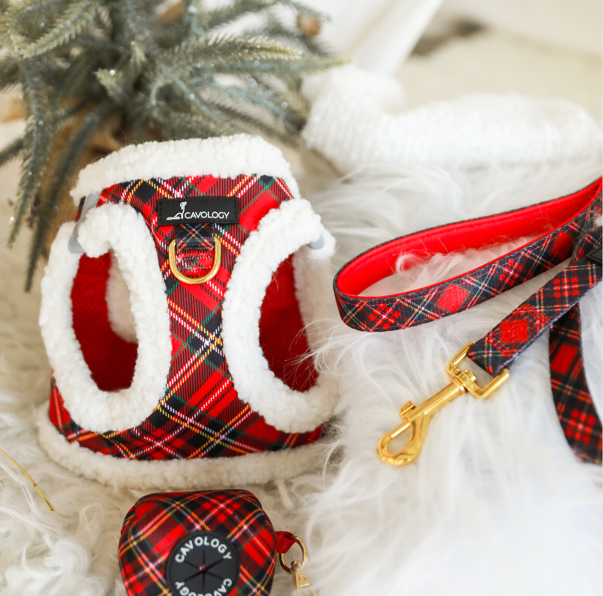 Cavology - Wholesale Pet Harness - Dog - VEST STEP IN HARNESS - Red Plaid Tartan Sherpa Winter Wonderland6