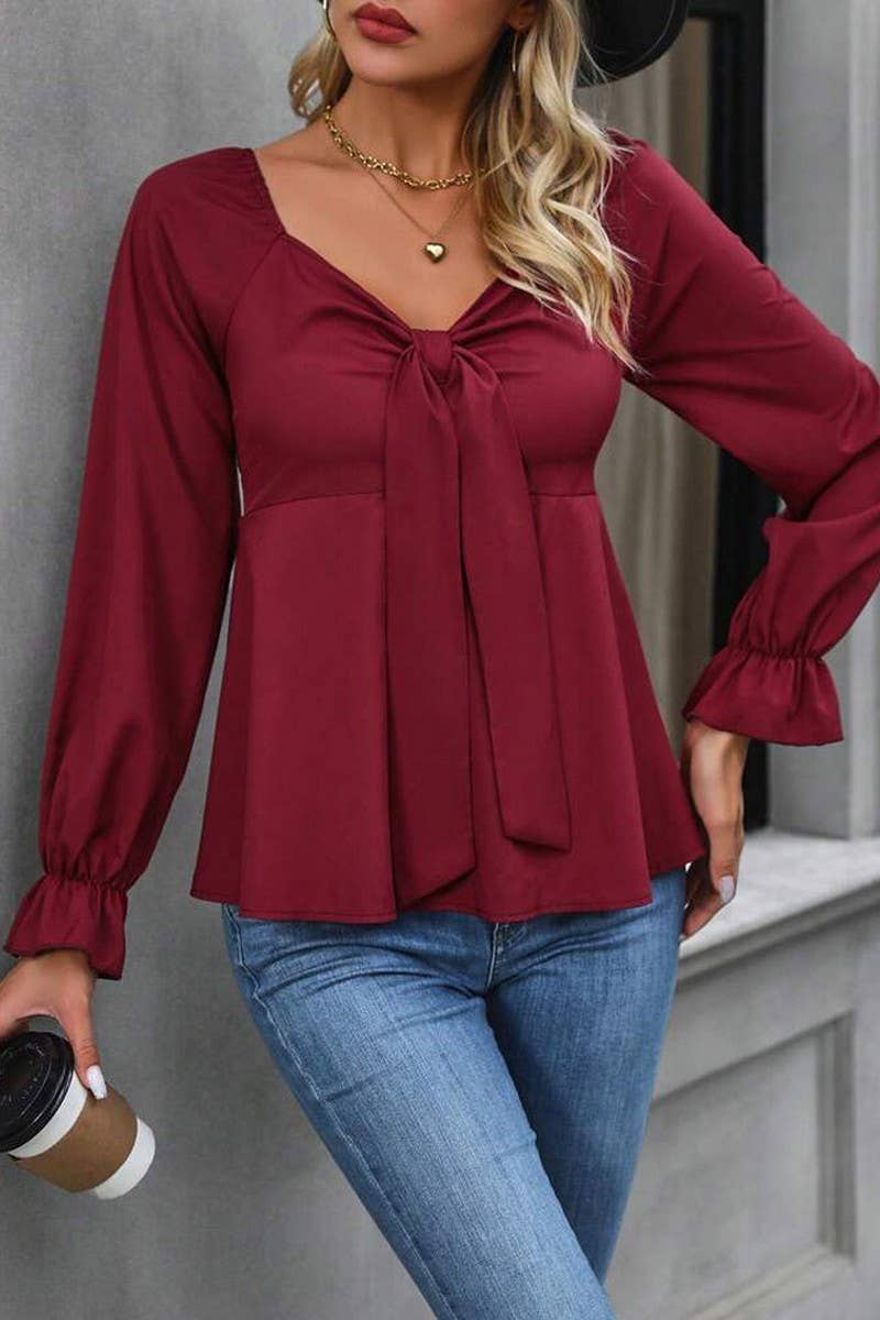 RED FRENCH SWEETHEART BOW TIE FRONT RUFFLED SHIRT for wholesale on Faire1