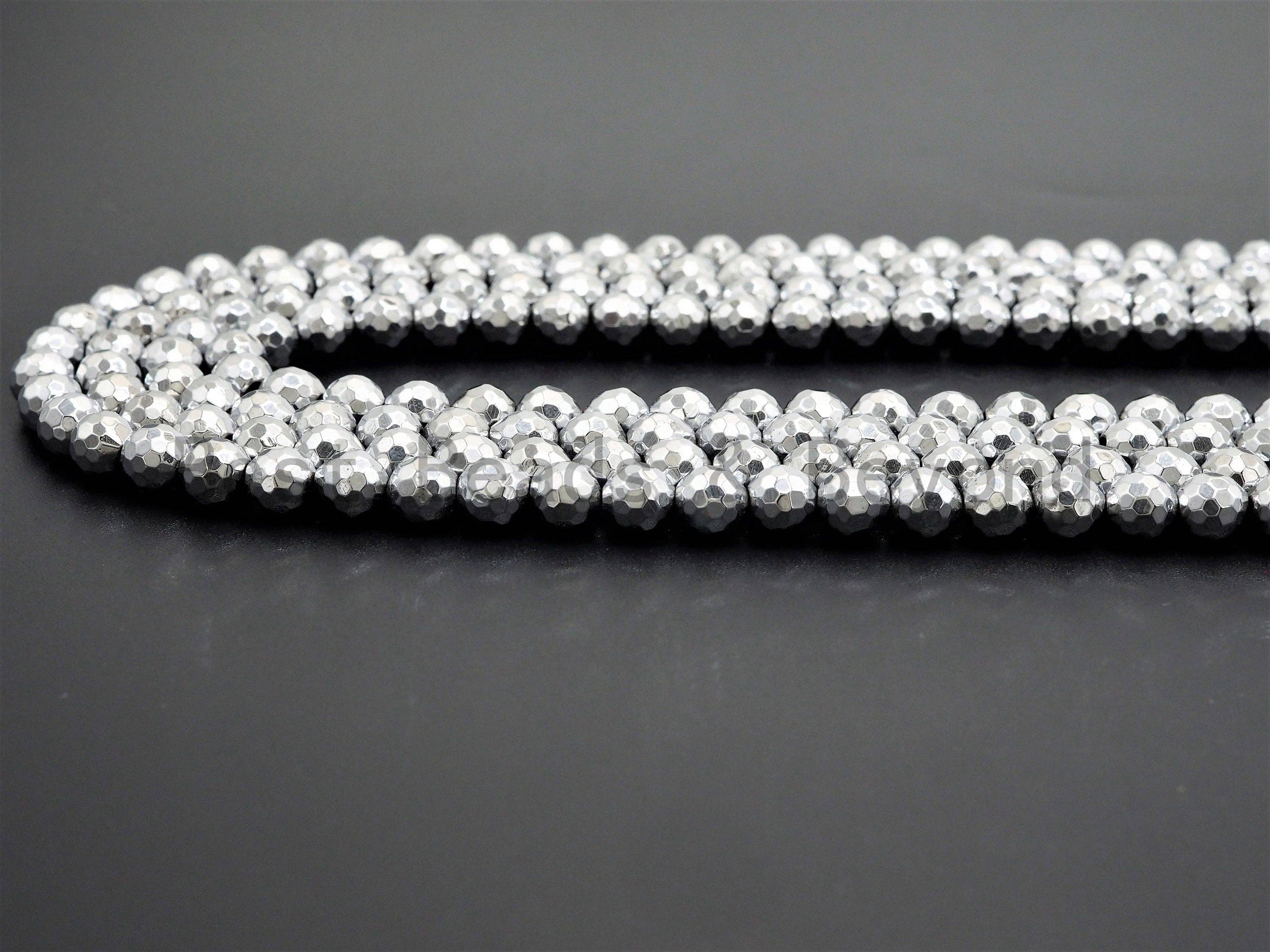 BestBeads&Beyond - Wholesale Beads - Natural Silver Hematite Beads-2mm/3mm/4mm/6mm/8mm/10mm/12mm Round Faceted Gemstone Beads-15inch Fullstrand-Metallic silver Beads, SKU#S1183