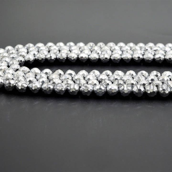 BestBeads&Beyond - Wholesale Beads - Natural Silver Hematite Beads-2mm/3mm/4mm/6mm/8mm/10mm/12mm Round Faceted Gemstone Beads-15inch Fullstrand-Metallic silver Beads, SKU#S1183