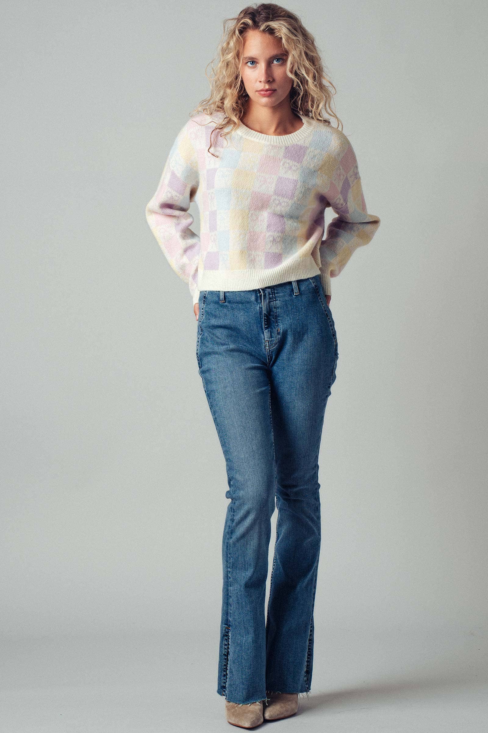 Pastel Checkered Coquette Bow Knit Sweater for wholesale on Faire9