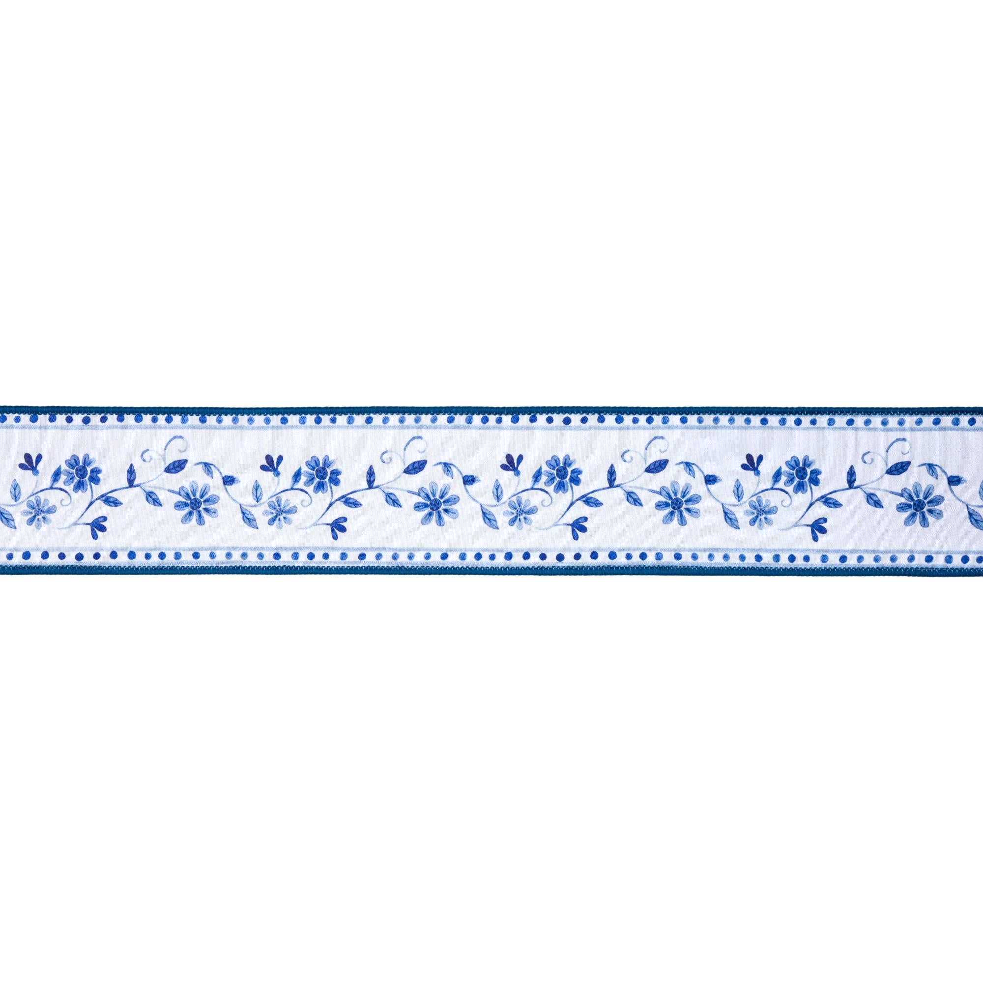 LA Ribbons Wholesale - Wholesale Ribbon - Gift Wrapping - 2 1/2" Wired Dupioni Ribbon | Blue Floral Vine on White w/ Blue Backing | 10 Yard Roll4