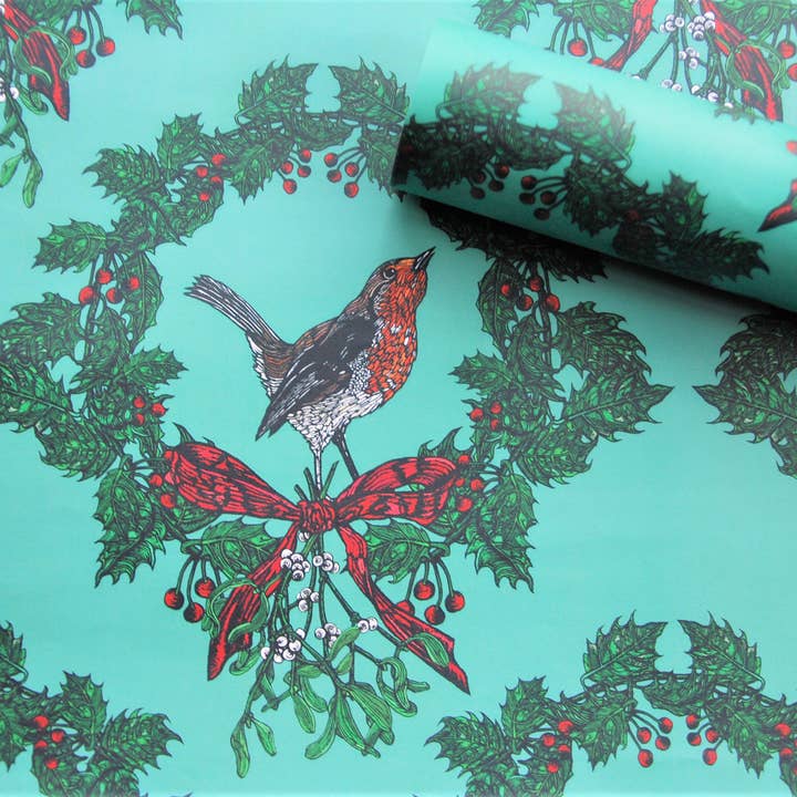 Platt presentförpackningspapper - Robin & Wreaths för wholesale av Rachel Meehan, pictures and words...