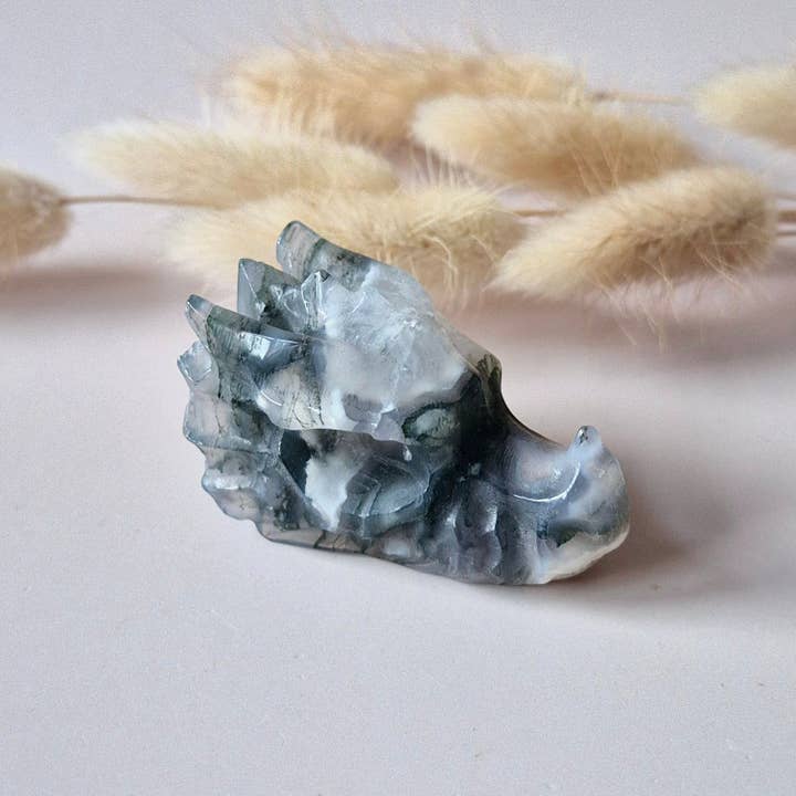 Gemstone Dragon Skull of Moss Agate – 5 cm - Dragon Skull carving for wholesale by Moonlight Gemstones