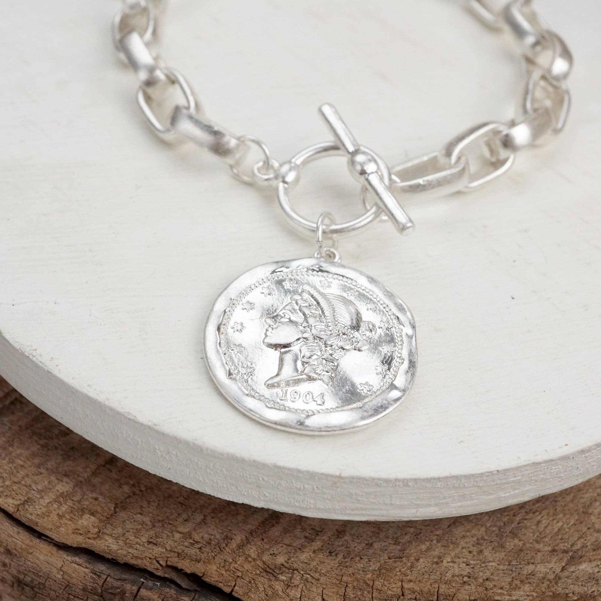 PennyLine inc - Wholesale Charm/Dangle Bracelet - Urban Token – Cable Chain Toggle Bracelet with Coin Charm6