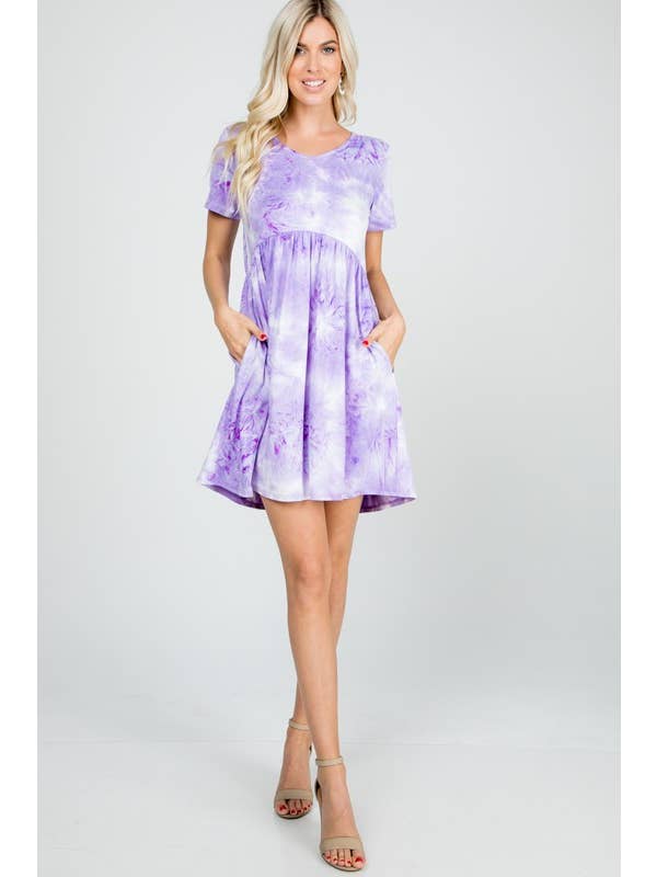 LILAC WHITE SD1195-22 TIE DYE BABY DOLL DRESS WITH SIDE POCKET for wholesale on Faire